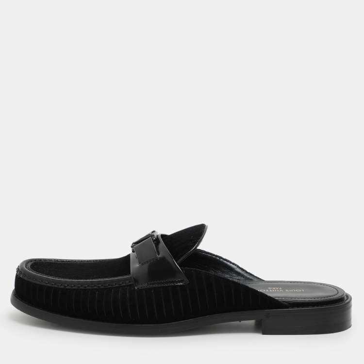 Pre Owned Louis Vuitton Black Leather and Velvet Major Open Back Loafers Size 42.5