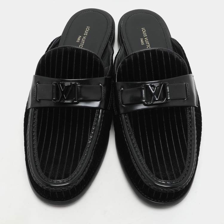 Pre Owned Louis Vuitton Black Leather and Velvet Major Open Back Loafers Size 42.5