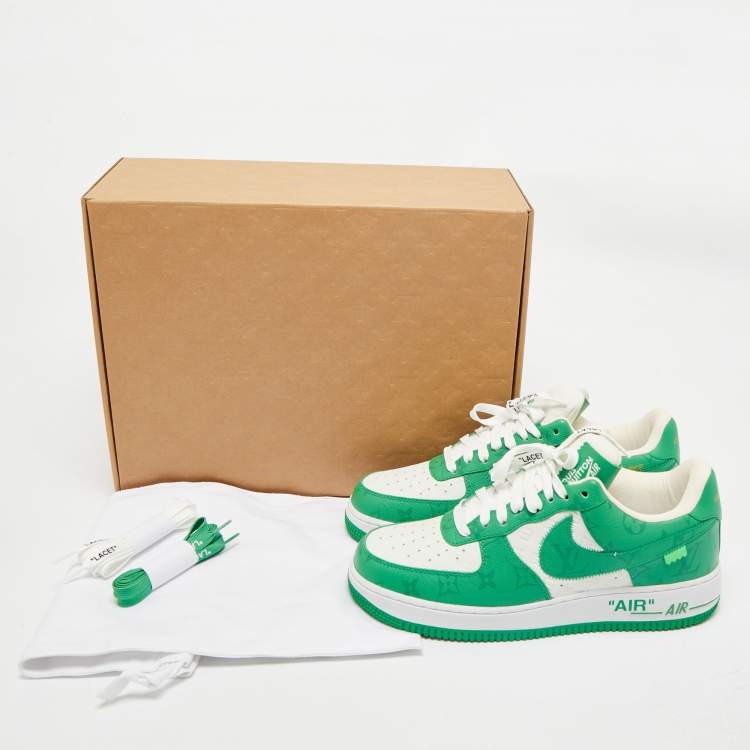 Pre Owned Louis Vuitton x Nike Green/White Monogram Canvas and Leather Air Force 1 Sneakers Size 42