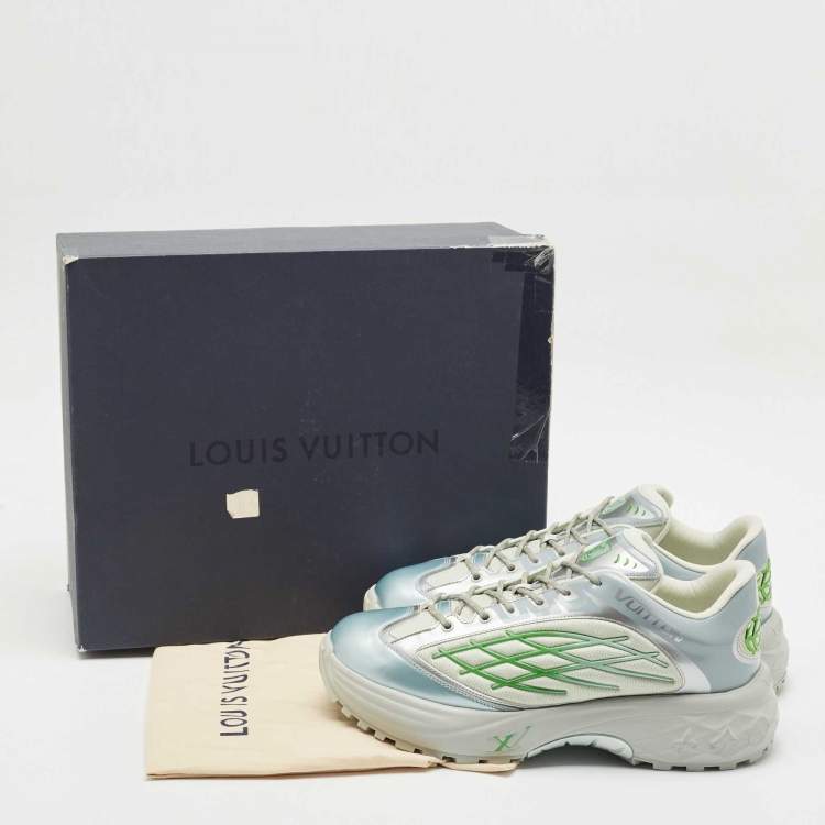 Pre Owned Louis Vuitton Grey/Green Faux Leather and Mesh Discovery Sneakers Size 44
