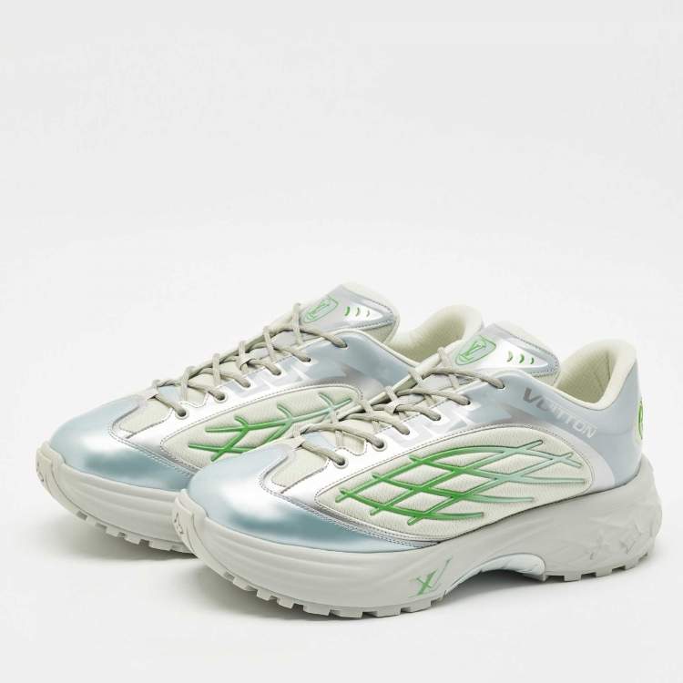 Pre Owned Louis Vuitton Grey/Green Faux Leather and Mesh Discovery Sneakers Size 44