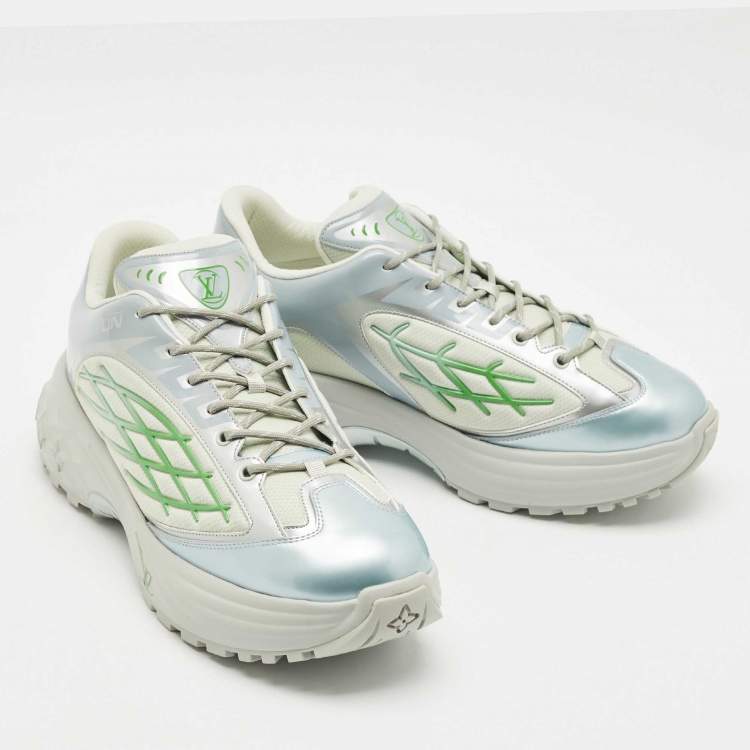 Pre Owned Louis Vuitton Grey/Green Faux Leather and Mesh Discovery Sneakers Size 44