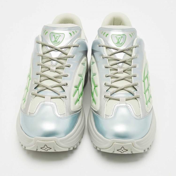 Pre Owned Louis Vuitton Grey/Green Faux Leather and Mesh Discovery Sneakers Size 44