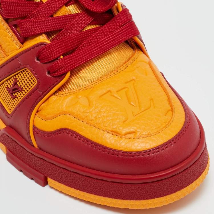 Pre Owned Louis Vuitton Yellow/Red Fabric and Monogram Leather LV Trainer Sneakers Size 39