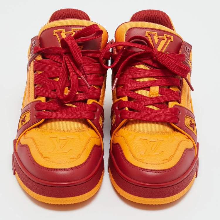 Pre Owned Louis Vuitton Yellow/Red Fabric and Monogram Leather LV Trainer Sneakers Size 39