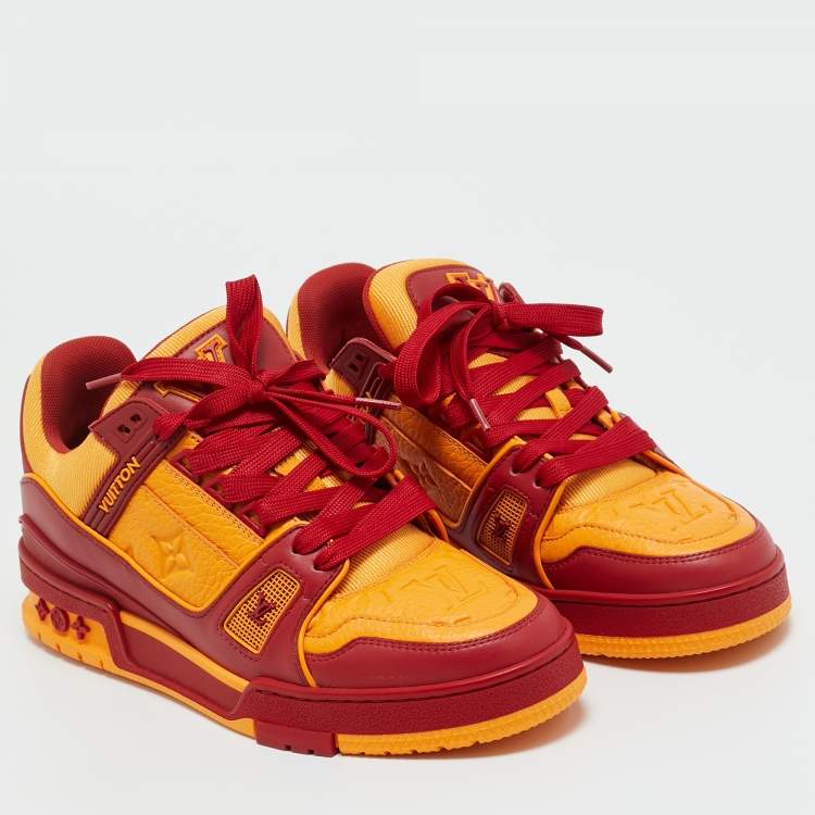 Pre Owned Louis Vuitton Yellow/Red Fabric and Monogram Leather LV Trainer Sneakers Size 39