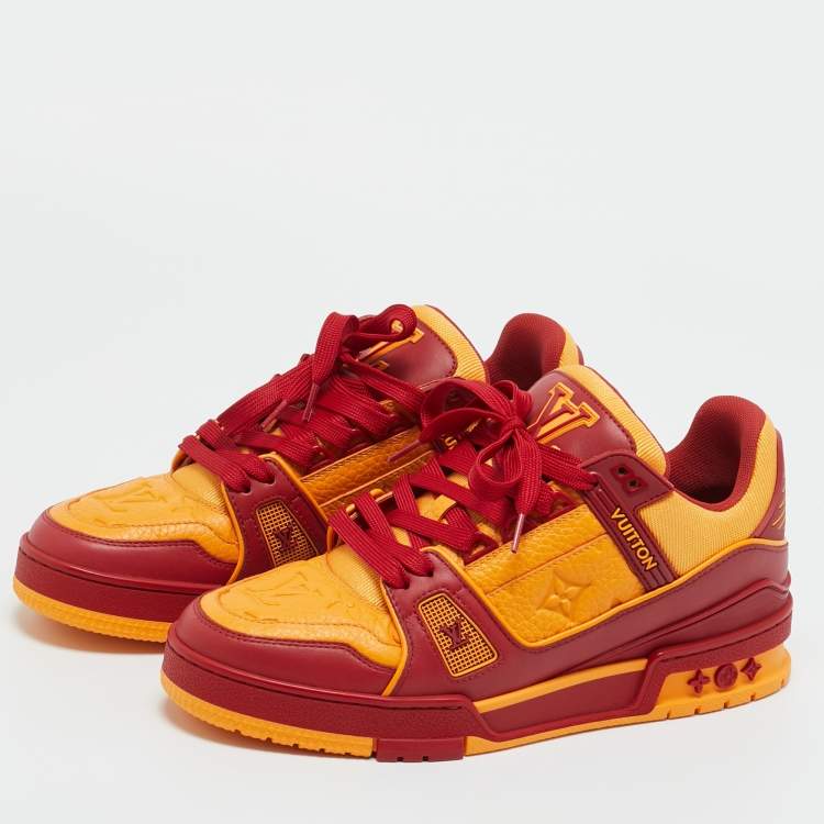 Pre Owned Louis Vuitton Yellow/Red Fabric and Monogram Leather LV Trainer Sneakers Size 39