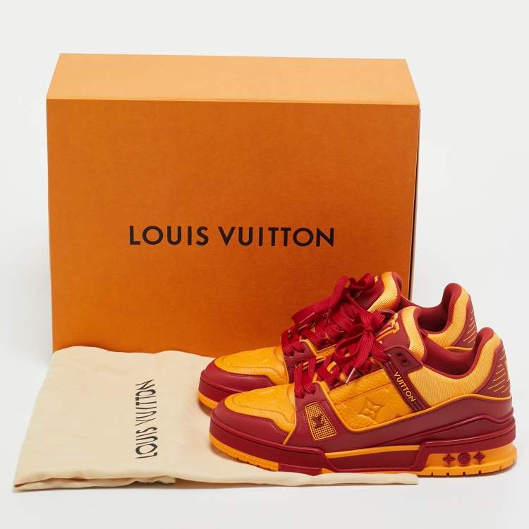 Pre Owned Louis Vuitton Yellow/Red Fabric and Monogram Leather LV Trainer Sneakers Size 39