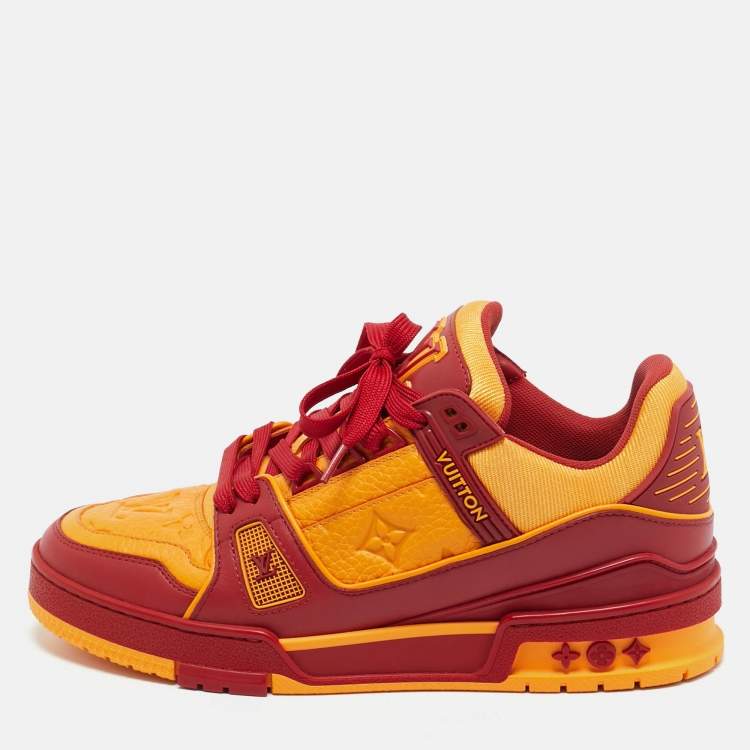 Pre Owned Louis Vuitton Yellow/Red Fabric and Monogram Leather LV Trainer Sneakers Size 39