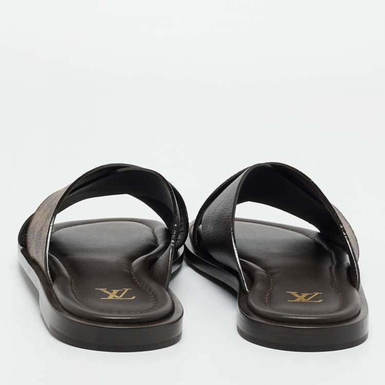 Pre Owned Louis Vuitton Damier Ebene Canvas and Leather Cross Strap Flat Sandals Size 44