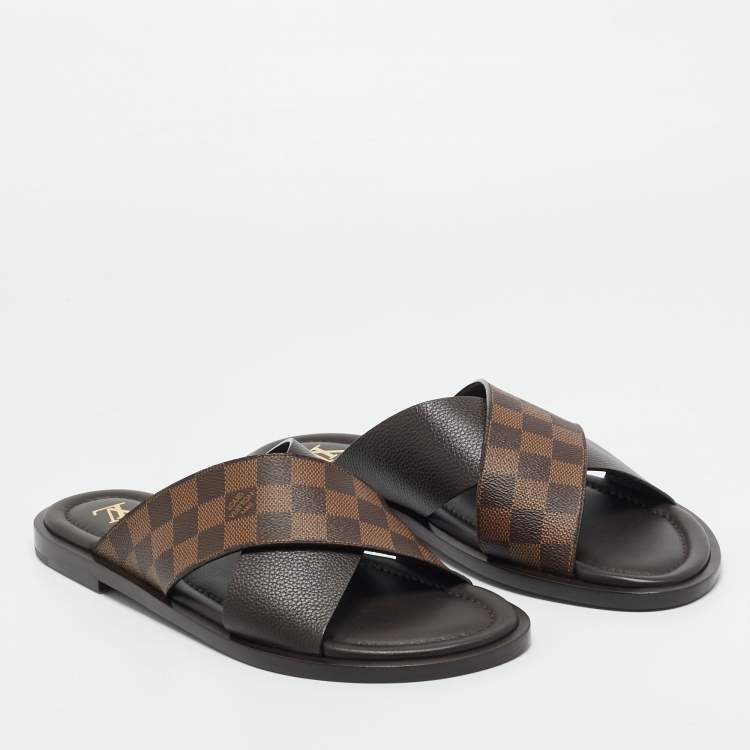 Pre Owned Louis Vuitton Damier Ebene Canvas and Leather Cross Strap Flat Sandals Size 44