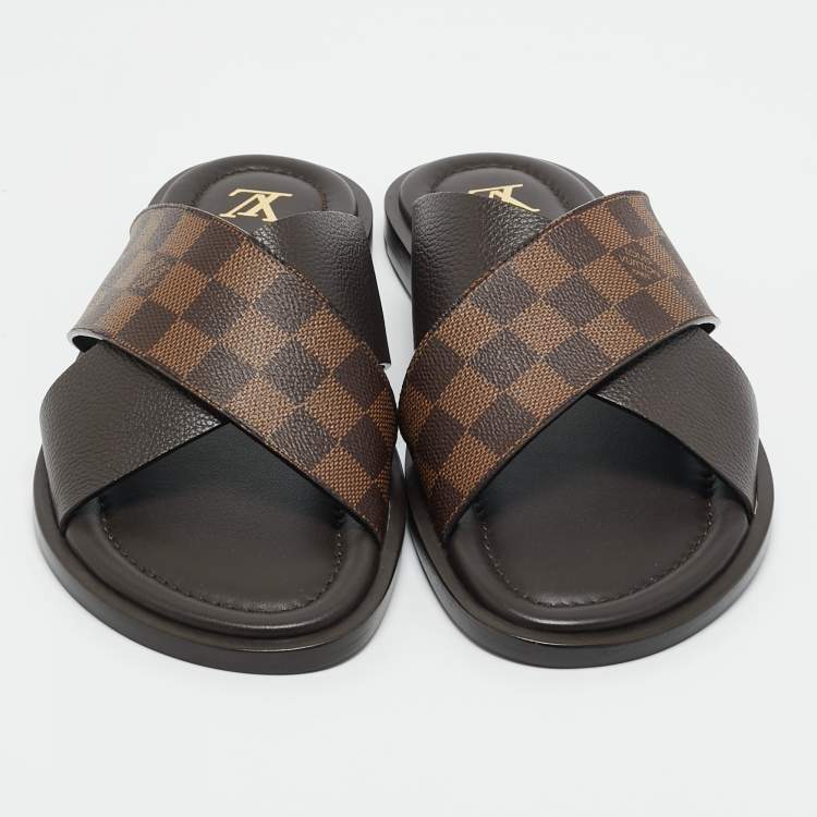 Pre Owned Louis Vuitton Damier Ebene Canvas and Leather Cross Strap Flat Sandals Size 44