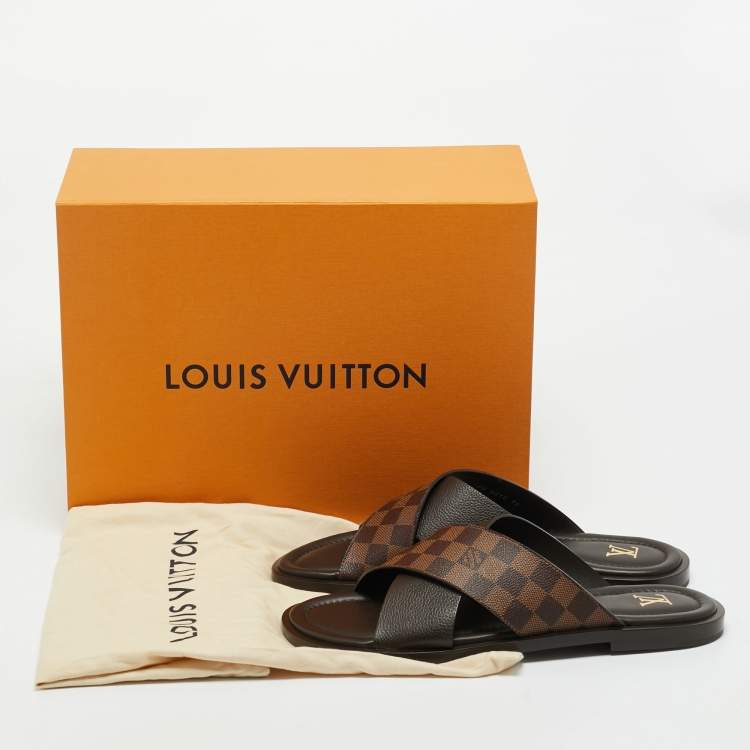 Pre Owned Louis Vuitton Damier Ebene Canvas and Leather Cross Strap Flat Sandals Size 44