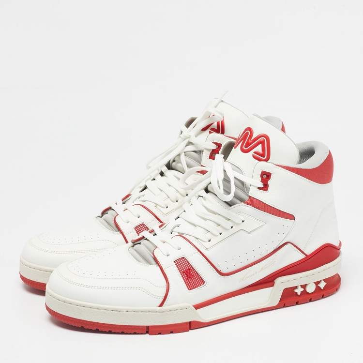 Pre Owned Louis Vuitton White/Red Leather LV Trainer Mid Sneakers Size 44