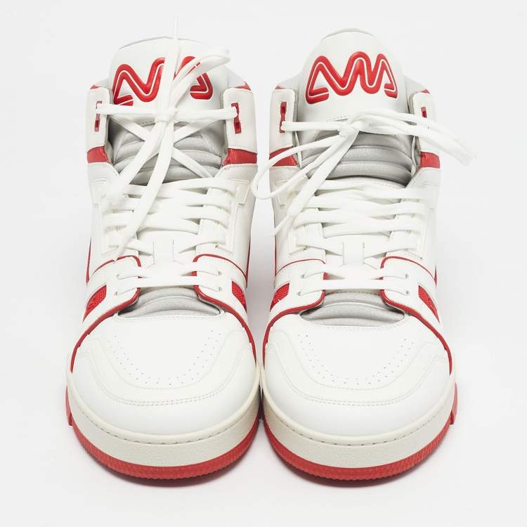 Pre Owned Louis Vuitton White/Red Leather LV Trainer Mid Sneakers Size 44