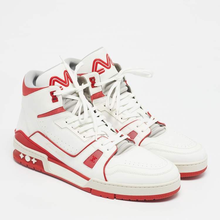 Pre Owned Louis Vuitton White/Red Leather LV Trainer Mid Sneakers Size 44