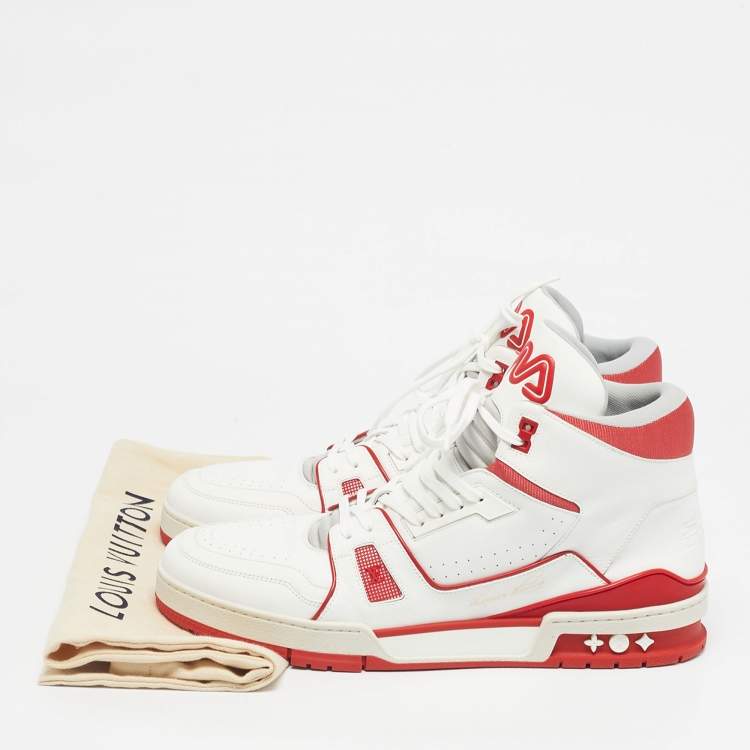 Pre Owned Louis Vuitton White/Red Leather LV Trainer Mid Sneakers Size 44