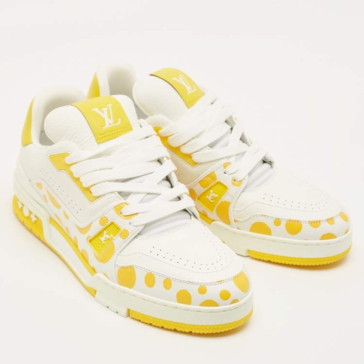 Pre Owned Louis Vuitton LV Trainer Size 43 White/Yellow Monogram Leather Lace Up Sneakers