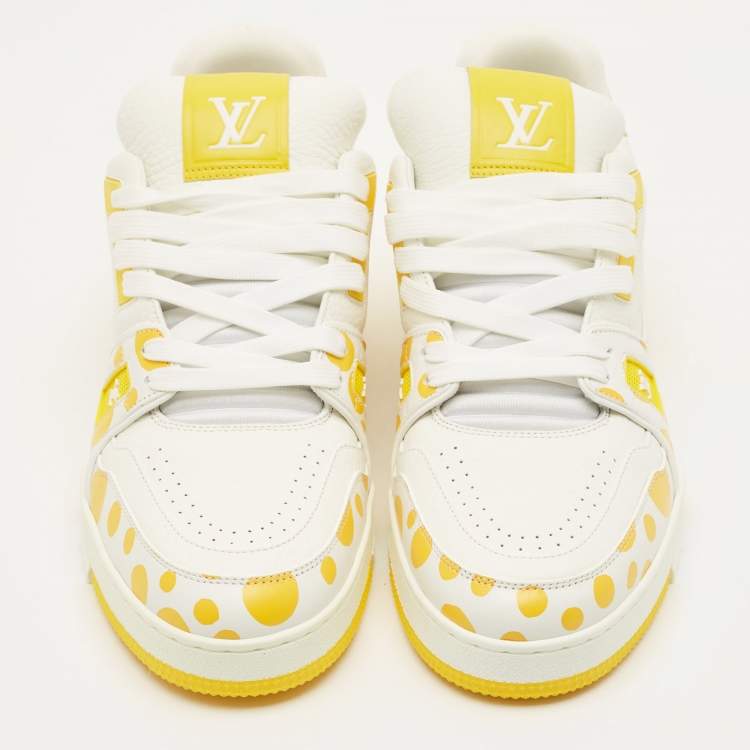 Pre Owned Louis Vuitton LV Trainer Size 43 White/Yellow Monogram Leather Lace Up Sneakers