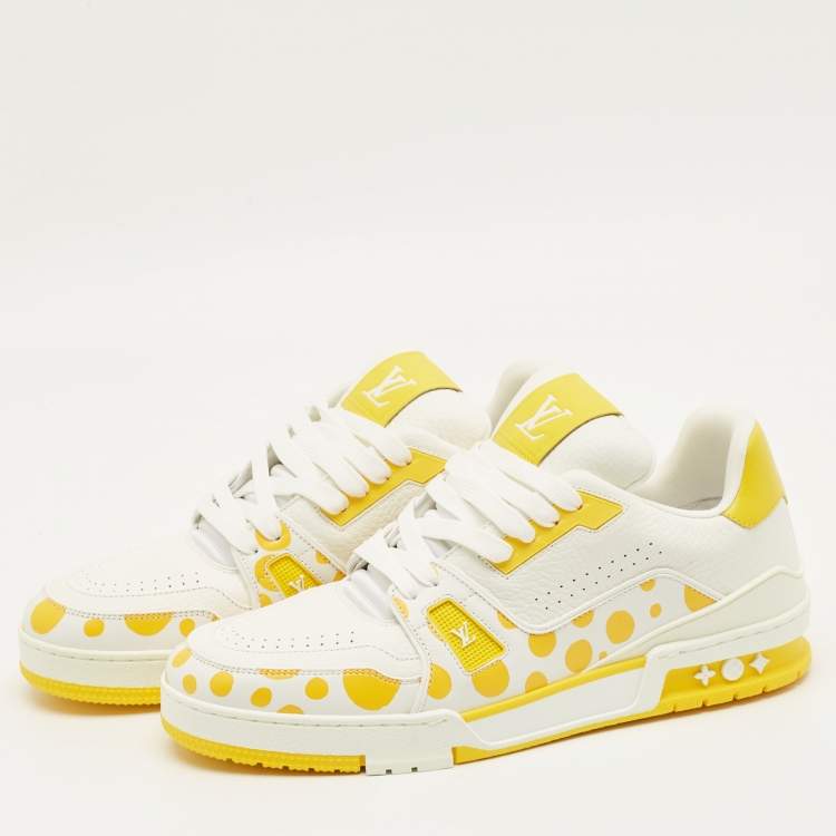 Pre Owned Louis Vuitton LV Trainer Size 43 White/Yellow Monogram Leather Lace Up Sneakers