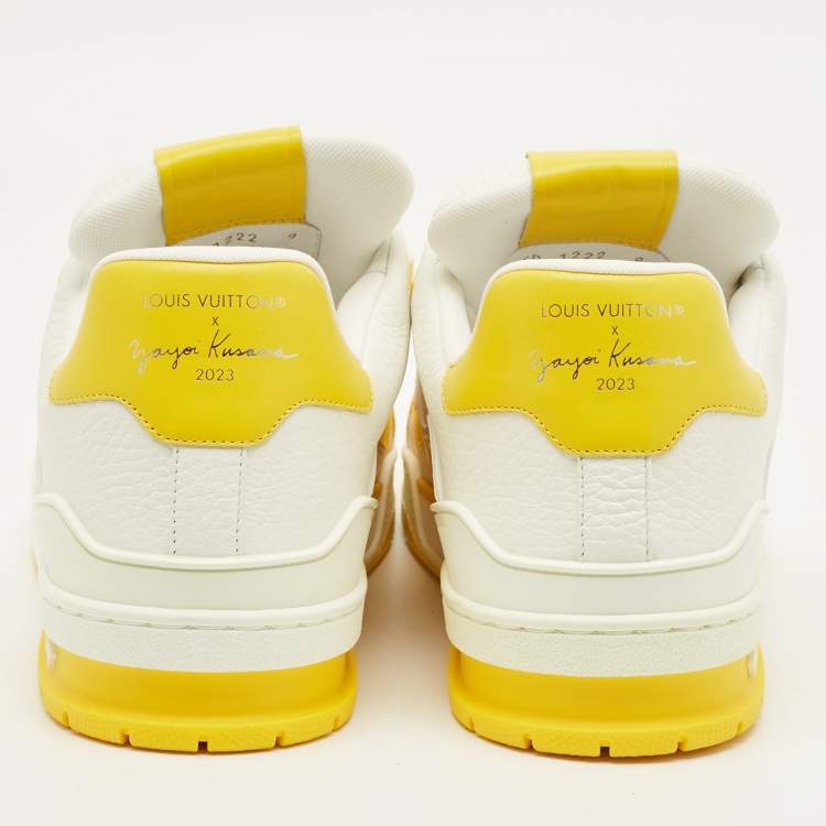 Pre Owned Louis Vuitton LV Trainer Size 43 White/Yellow Monogram Leather Lace Up Sneakers