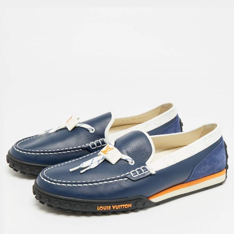 Pre Owned Louis Vuitton Racer Size 43 Blue/White Leather and Suede Loafers