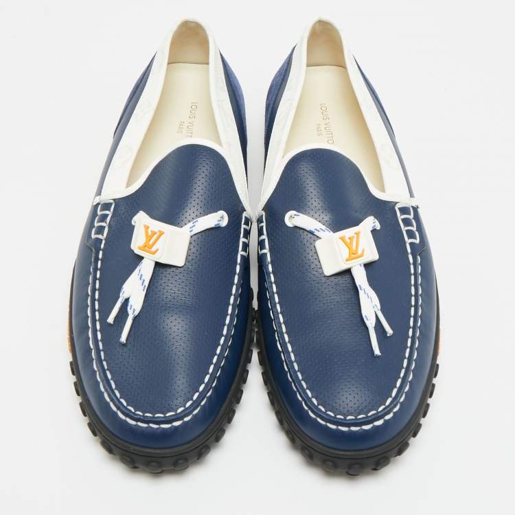 Pre Owned Louis Vuitton Racer Size 43 Blue/White Leather and Suede Loafers