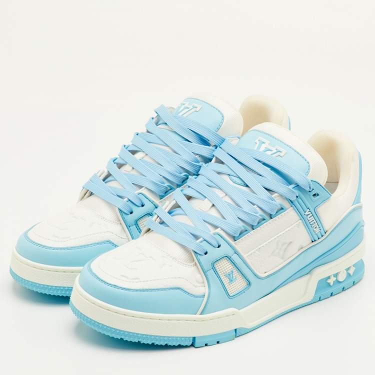 Pre Owned Louis Vuitton LV Trainer Size 41.5 Sky Blue/White Leather and Fabric Sneakers