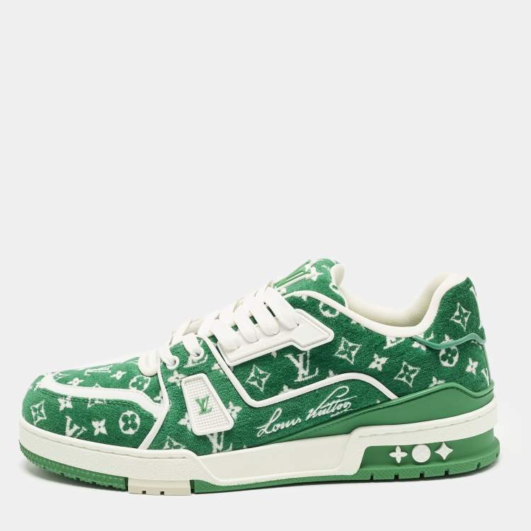 Pre Owned Louis Vuitton LV Trainer Size 41 Green Monogram Jacquard Velvet Low Top Sneakers