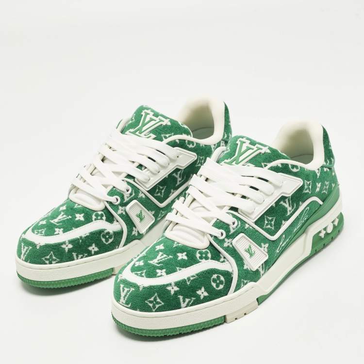 Pre Owned Louis Vuitton LV Trainer Size 41 Green Monogram Jacquard Velvet Low Top Sneakers