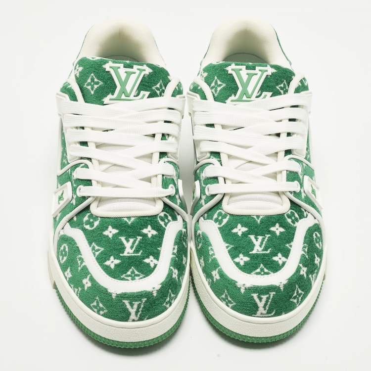 Pre Owned Louis Vuitton LV Trainer Size 41 Green Monogram Jacquard Velvet Low Top Sneakers