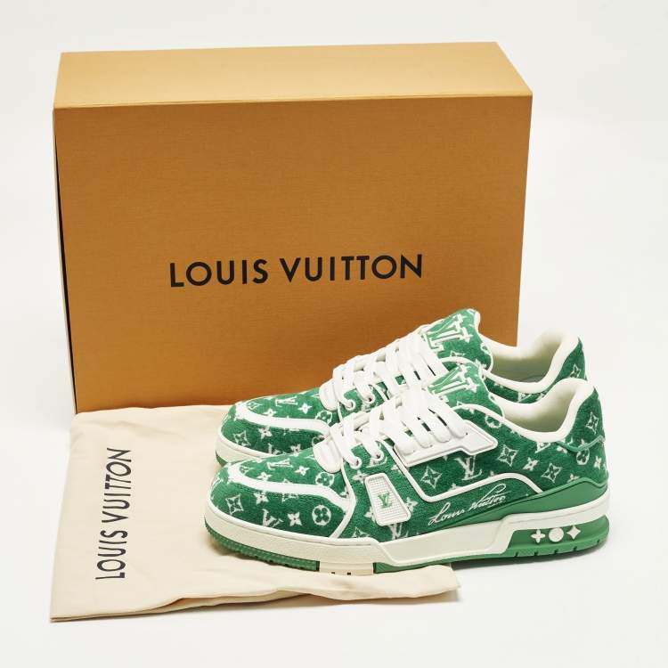 Pre Owned Louis Vuitton LV Trainer Size 41 Green Monogram Jacquard Velvet Low Top Sneakers