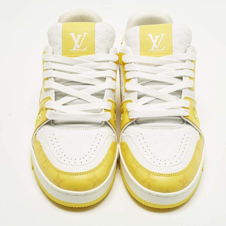 Pre Owned Louis Vuitton LV Trainer Size 41 White/Yellow Monogram Leather and Canvas Low Top Sneakers