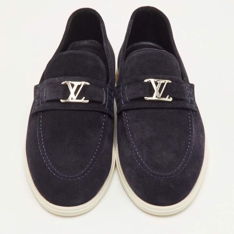 Pre Owned Louis Vuitton Estate Size 41.5 Navy Blue Suede Slip On Loafers