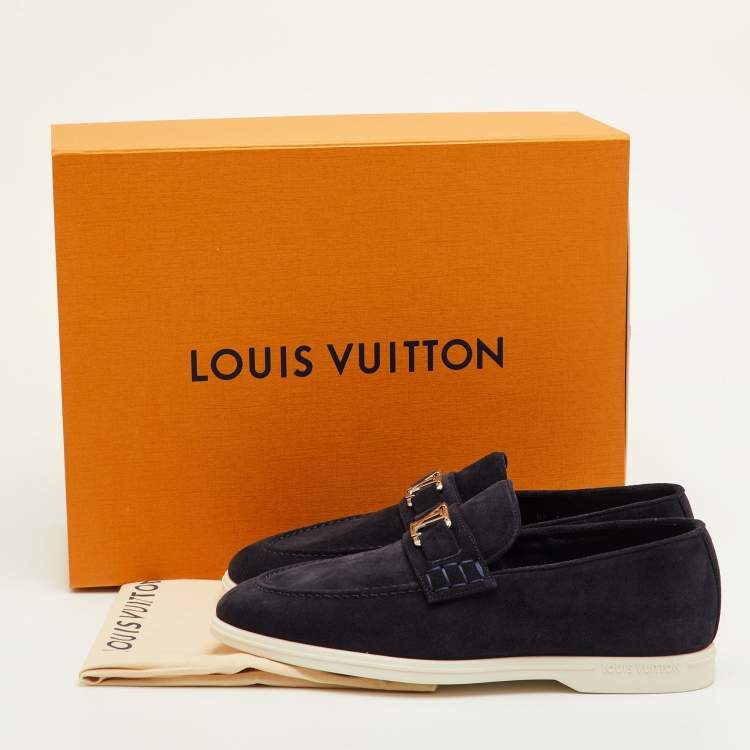 Pre Owned Louis Vuitton Estate Size 41.5 Navy Blue Suede Slip On Loafers