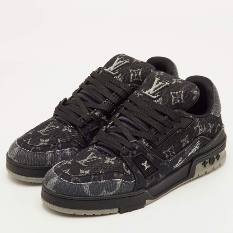 Pre Owned Louis Vuitton LV Trainer Size 41 Black Monogram Denim Lace Up Sneakers