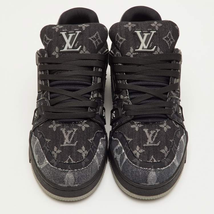 Pre Owned Louis Vuitton LV Trainer Size 41 Black Monogram Denim Lace Up Sneakers