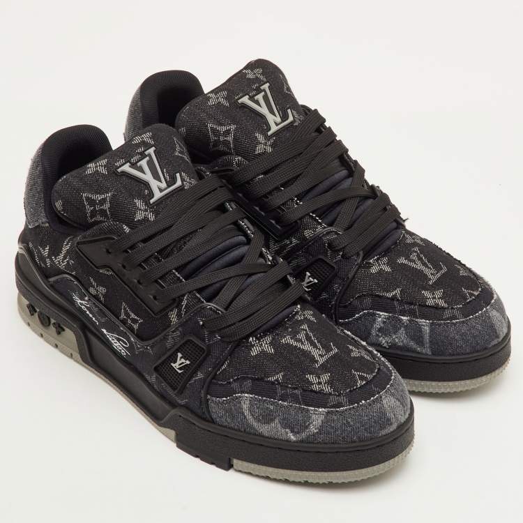 Pre Owned Louis Vuitton LV Trainer Size 41 Black Monogram Denim Lace Up Sneakers