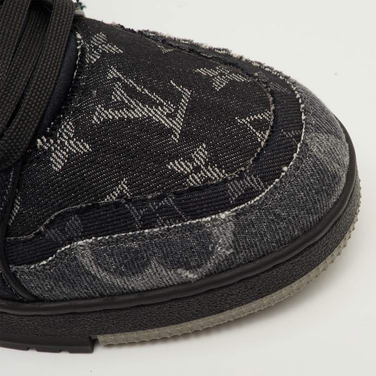 Pre Owned Louis Vuitton LV Trainer Size 41 Black Monogram Denim Lace Up Sneakers