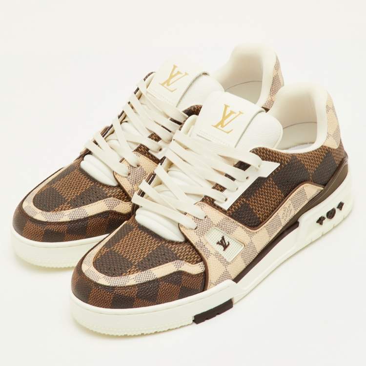 Pre Owned Louis Vuitton LV Trainer Size 41.5 Brown/Off White Damier Leather and Coated Canvas Sneakers