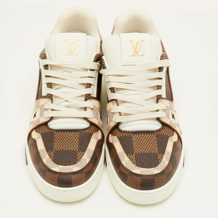 Pre Owned Louis Vuitton LV Trainer Size 41.5 Brown/Off White Damier Leather and Coated Canvas Sneakers