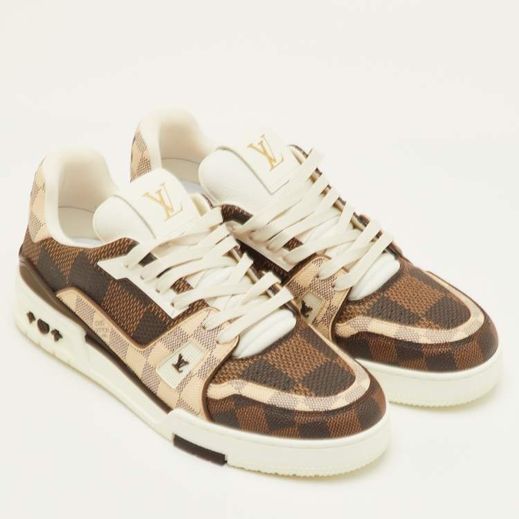 Pre Owned Louis Vuitton LV Trainer Size 41.5 Brown/Off White Damier Leather and Coated Canvas Sneakers