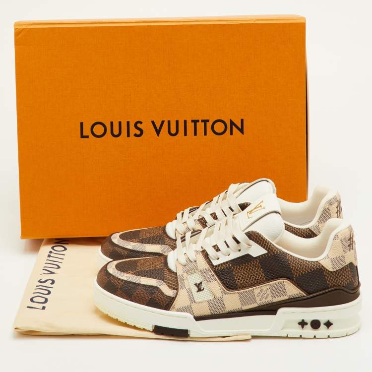 Pre Owned Louis Vuitton LV Trainer Size 41.5 Brown/Off White Damier Leather and Coated Canvas Sneakers