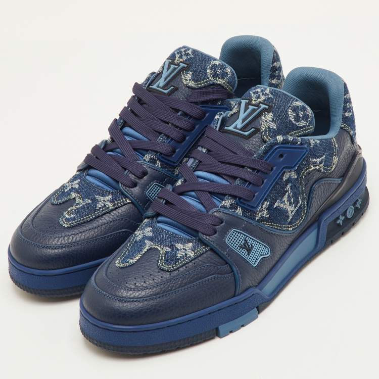 Pre Owned Louis Vuitton LV Trainer Size Navy Blue Monogram Denim and Leather Sneakers