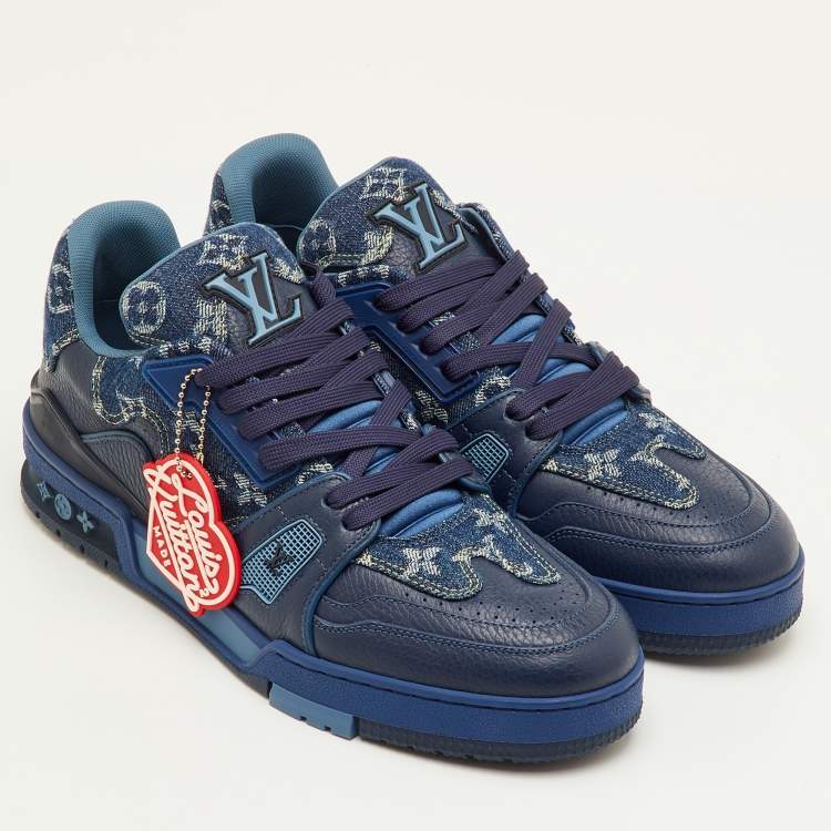 Pre Owned Louis Vuitton LV Trainer Size Navy Blue Monogram Denim and Leather Sneakers