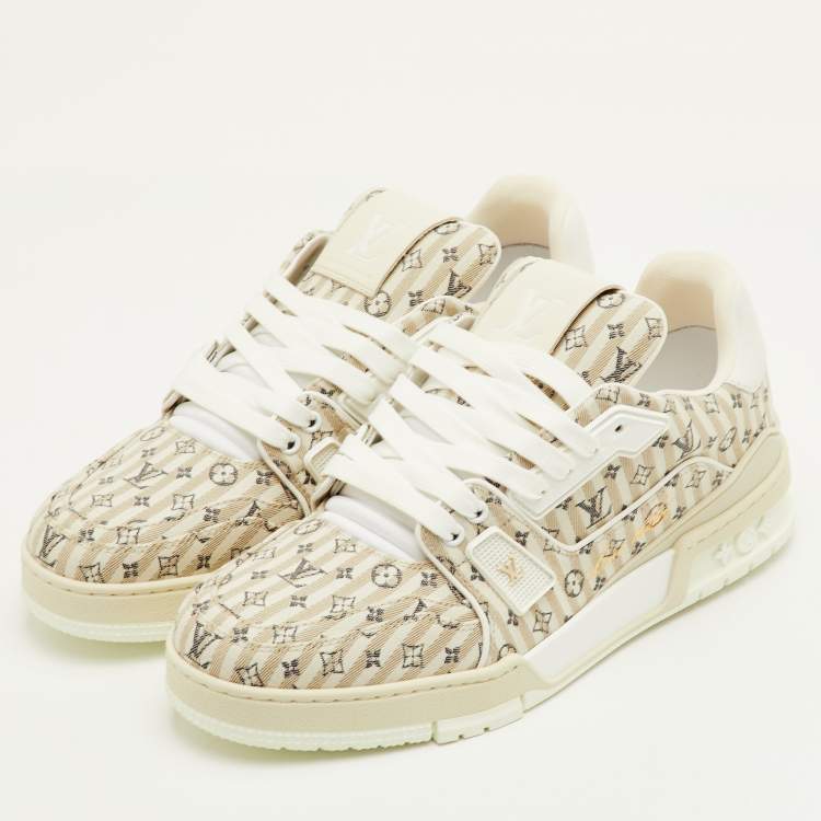 Pre Owned Louis Vuitton LV Trainer Size 41 Beige Stripe Monogram Canvas and Leather Sneakers