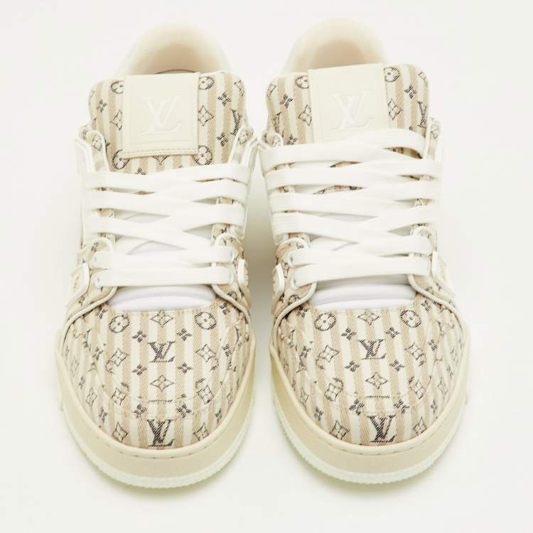 Pre Owned Louis Vuitton LV Trainer Size 41 Beige Stripe Monogram Canvas and Leather Sneakers