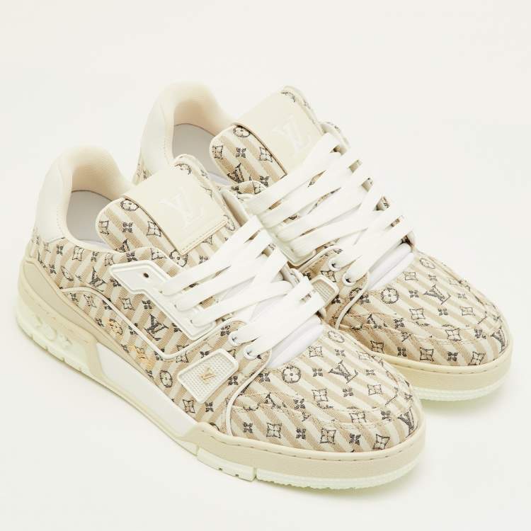 Pre Owned Louis Vuitton LV Trainer Size 41 Beige Stripe Monogram Canvas and Leather Sneakers