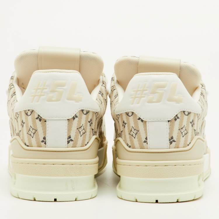 Pre Owned Louis Vuitton LV Trainer Size 41 Beige Stripe Monogram Canvas and Leather Sneakers