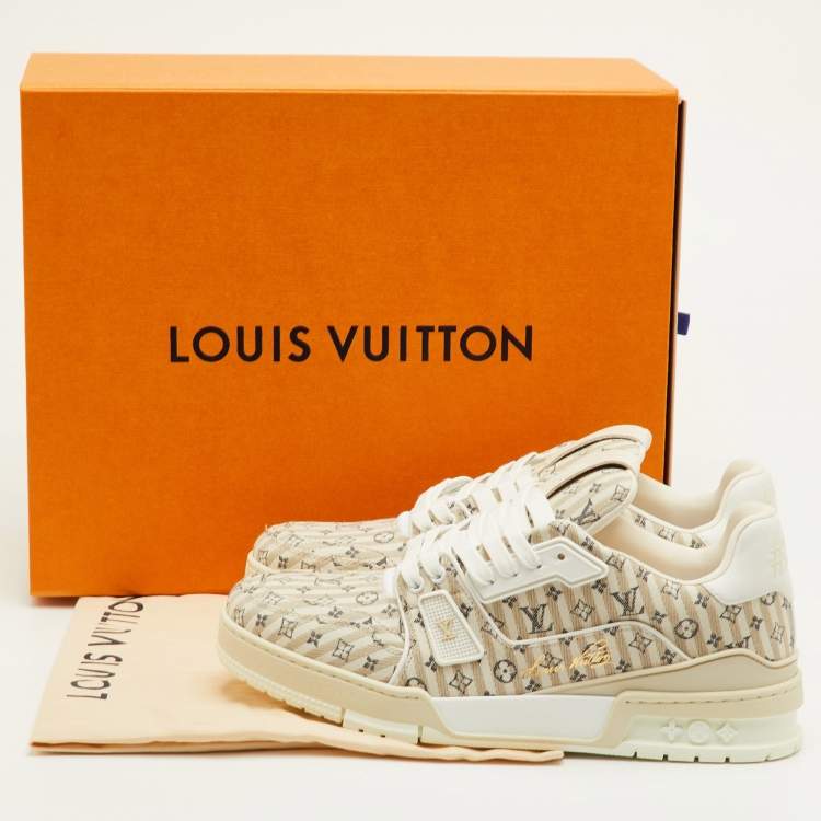 Pre Owned Louis Vuitton LV Trainer Size 41 Beige Stripe Monogram Canvas and Leather Sneakers